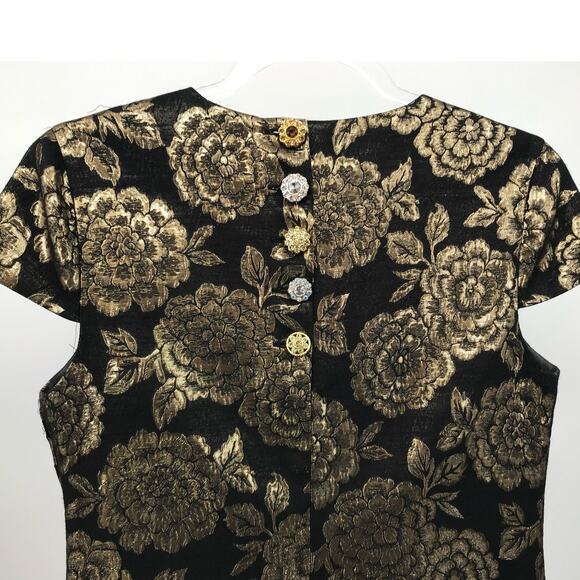Sam Edelman Black Gold Floral Brocade Cap Sleeve Sheath Dress Size 6 - Picture 8 of 11